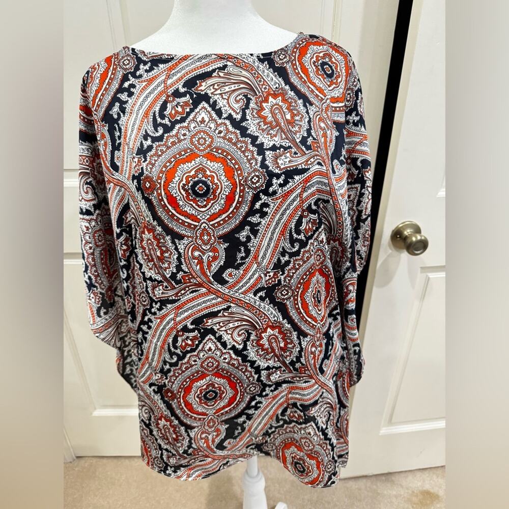 Michael Kors orange and navy Boxy Blouse with short Sleeves, size M